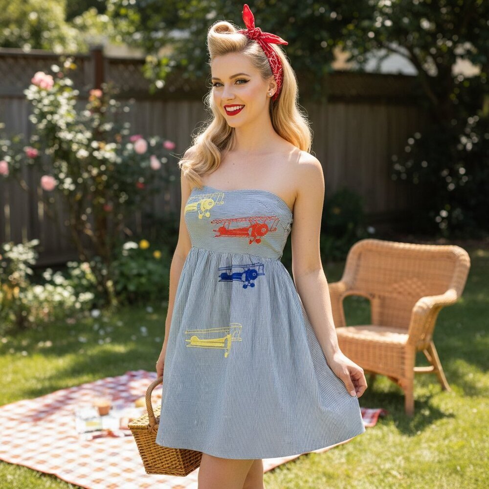Anthropologie Green and White Airplane Dress Embroidered Seersucker Strapless 4